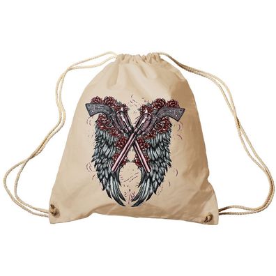 Trend-Bag Turnbeutel Sporttasche Rucksack mit Print - Revolver mit Flügeln hinterleg