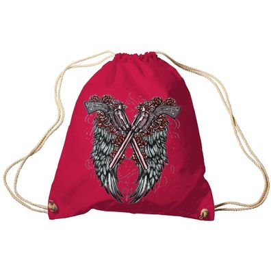 Trend-Bag Turnbeutel Sporttasche Rucksack mit Print - Revolver mit Flügeln hinterleg