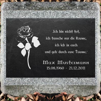 Grabstein Schiefer Stein Grab Tafel mit Rose-002 @ MIT IHREM TEXT @ 50 x 25 cm