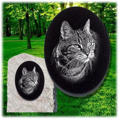 Katzen Grabplatte Grabschmuck 15 x 10 cm -Foto - Gravur- Grabstein oval-gb03