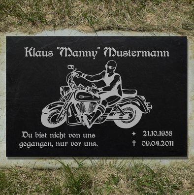 Grabstein Grabplatte Grabmal Biker 01-Gravur mit Inschrift + Motiv- 50 x 30 cm