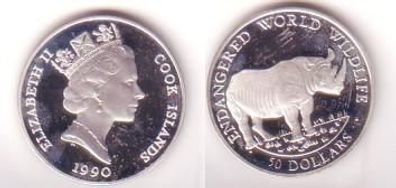 50 Dollar Silber Münze Cook Insel 1990 Spitzmaulnashorn