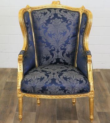 Barocksessel Antik-Stil Stuhl BAROCK Armlehnstuhl Massivholz Barock Stuhl gold-blau
