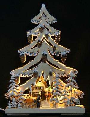 3D Schwibbogen LED Tanne Tannenbaum Waldmotiv Rehe geschnitzt 44x32cm Erzgebirge
