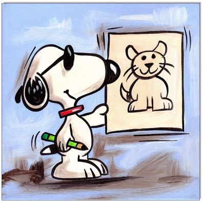Klausewitz: Original Acryl auf Leinwand: Peanuts Snoopy has drawn a cat / 20x20 cm
