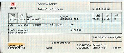 Fahrkarte DB 297798723 Platzreservierung ICE Frankfurt-Hamburg Altona 25.08.2002