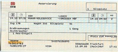 Fahrkarte DB 763813783 Platzreservierung Prag-Holesovice-Dresden vom 19.10.2005