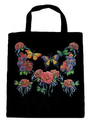 Baumwolltasche mit Print Blumen und Schmetterlinge U09943 schwarz