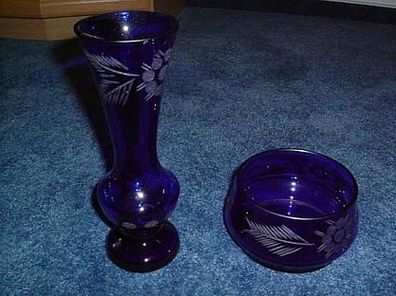 2 teiliges Set-Vase und Schale in blau mit Muster