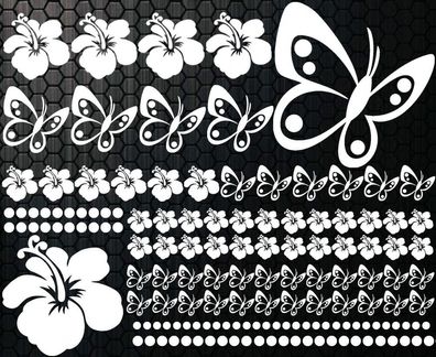 98-teiliges étiquette Hibiscus 2 Fleurs Papillons Hawaï étoiles Wandtattoo