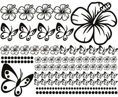 138 pièces Kit étiquette Hibiscus Fleurs Papillons Hawaï Wandtattoo