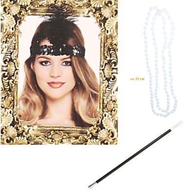 Damen Charleston Zubehör Set Flapper Perlenkette Zigarrettenhalter Haarband
