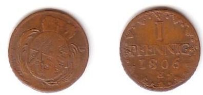 1 Pfennig Kupfer Münze Sachsen 1806 H