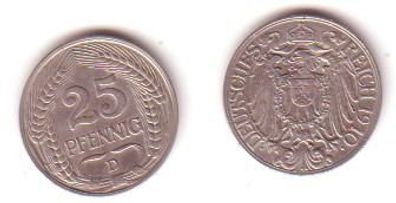 25 Pfennig Nickel Münze Deutsches Reich 1910 D Jäger 18