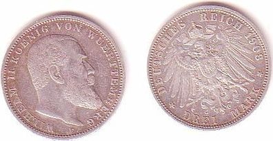 3 Mark Silber Münze Württemberg König Wilhelm II 1908
