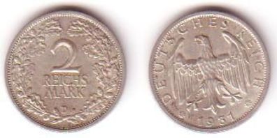 2 Mark Silber Münze Weimarer Republik 1931 D Jäger 320