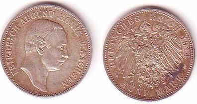5 Mark Silber Münze Sachsen König Friedrich August 1914