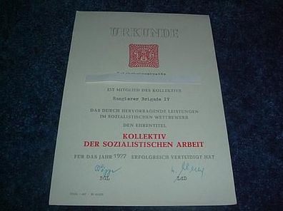 Urkunde-DR-Kollektiv der sozialistischen Arbeit 1977