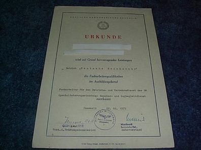 Urkunde-Anerkennung der Facharbeiterqualifikation 1975