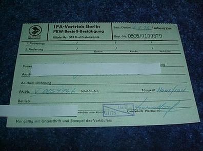 IFA Vertrieb Berlin-PKW Bestell Bestätigung 1976