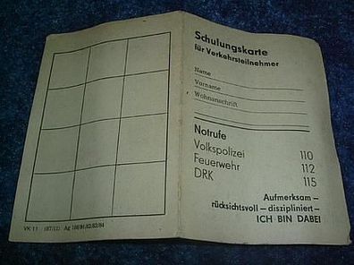 Schulungskarte für Verkehrsteilnehmer von 1982