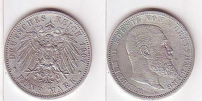 5 Mark Silber Münze Württemberg König Wilhelm II 1907