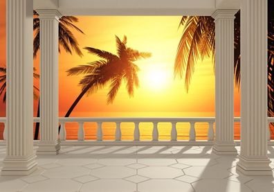 Vlies-Fototapete 123 - 200x140cm, Terrace View Romantic Sunset Meer Tapete Sonnenaufg