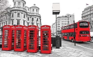 Vlies-Fototapete 1296 - 104x70.5cm, London Tapete London Bus Telefonzelle schwarz-wei
