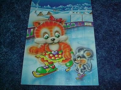 642/ Postkarte-süsse Katze mit Maus auf der Eisbahn