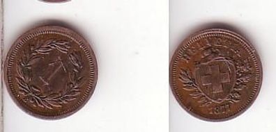 1 Rappen Kupfer Münze Schweiz 1877