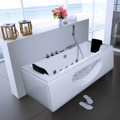 Luxus Whirlpool Badewanne weiss mit Glas Heizung Ozon Glasfront 2x LED für Bad