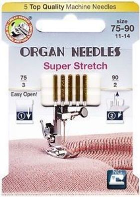5 Nähmaschinennadeln Organ Needles Super Stretch 75-90