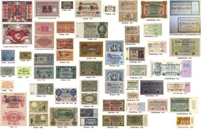 Deutschland Banknoten 50 Pfennig bis 500 Millionen Mark 1910 bis 1944. 5 Noten für 5€