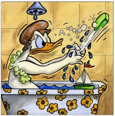 Klausewitz: Original Acryl auf Leinwand: Donald Duck in bathtube / 30x30 cm
