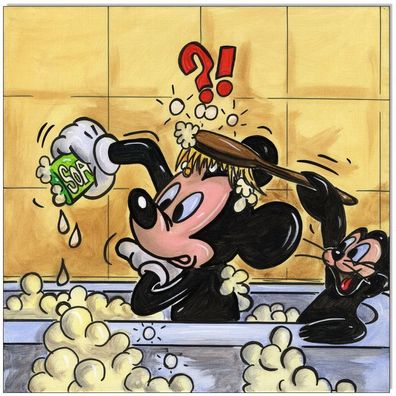 Klausewitz: Original Acryl auf Leinwand: Mickey Mouse in bathtube / 30x30 cm