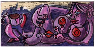 Klausewitz: Original Acryl Collage auf Leinwand: Picasso Style Erotic Art 16/15x30 cm