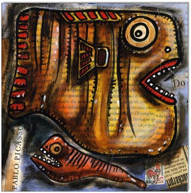 Klausewitz: Original Collage und Acryl auf Leinwand: Picasso Fishes / 20x20 cm