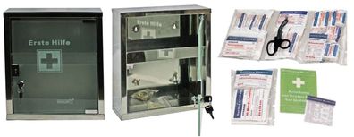 Erste-Hilfe-Schrank Edelstahl mit Glastür + Füllung DIN 13157 Verbandsschrank