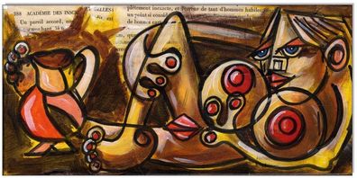 Klausewitz: Original Acryl Collage auf Leinwand: Picasso Style Erotic Art 17/15x30 cm