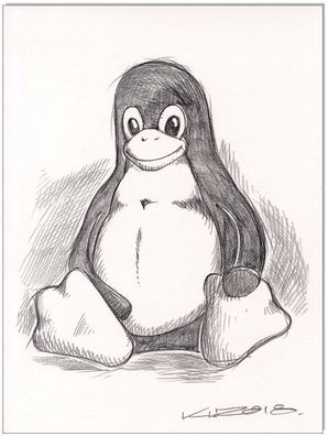 Klausewitz: Original Kreidezeichnung : Linux Tux / 24x32 cm