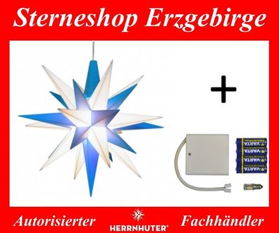 Herrnhuter Ministern A1e weiß-blau (LED) Kunststoffstern 13 cm mit Batteriehalter