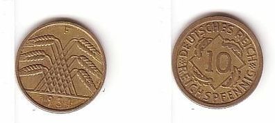 10 Pfennig Messing Münze Deutsches Reich 1934 F