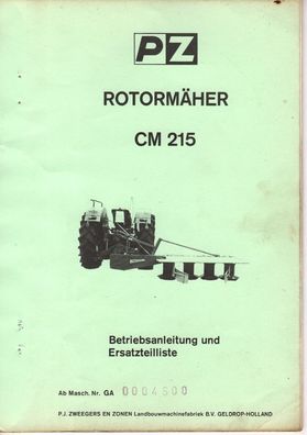 Betriebsanleitung und Ersatzteilliste für das PZ Zweegers Mähwerk Rotormäher CM 215