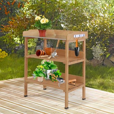 Outsunny® Pflanztisch Gärtnertisch Blumentisch mit Metall Arbeitsfläche Garten Holz