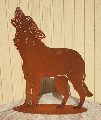 WOLF heulend 60x52cm auf Platte Edelrost Rost Metall Rostfigur Hund Fuchs