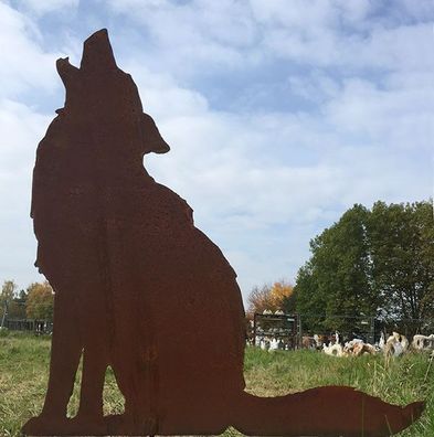 WOLF heulend Höhe 72cm auf Platte Edelrost Rost Metall Rostfigur Hund Fuchs