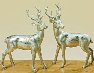 HIRSCH PAAR stehend silber H22cm Kunstharz Dekoration Weihnachten Hirsche Rehe