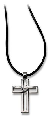 Halskette Kreuz (1,7 x 2,8 cm) glänzendes Metall und Stoffband schwarz