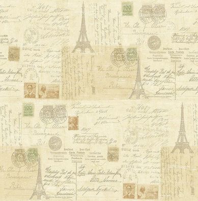 Tapete, Designtapete, Motive, Eiffelturm, Postkarten, Schimmer, Sand/ Braun, Grün