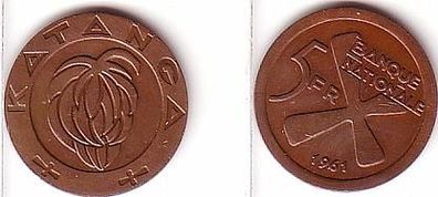 5 Franc Kupfer Münze Katanga 1961